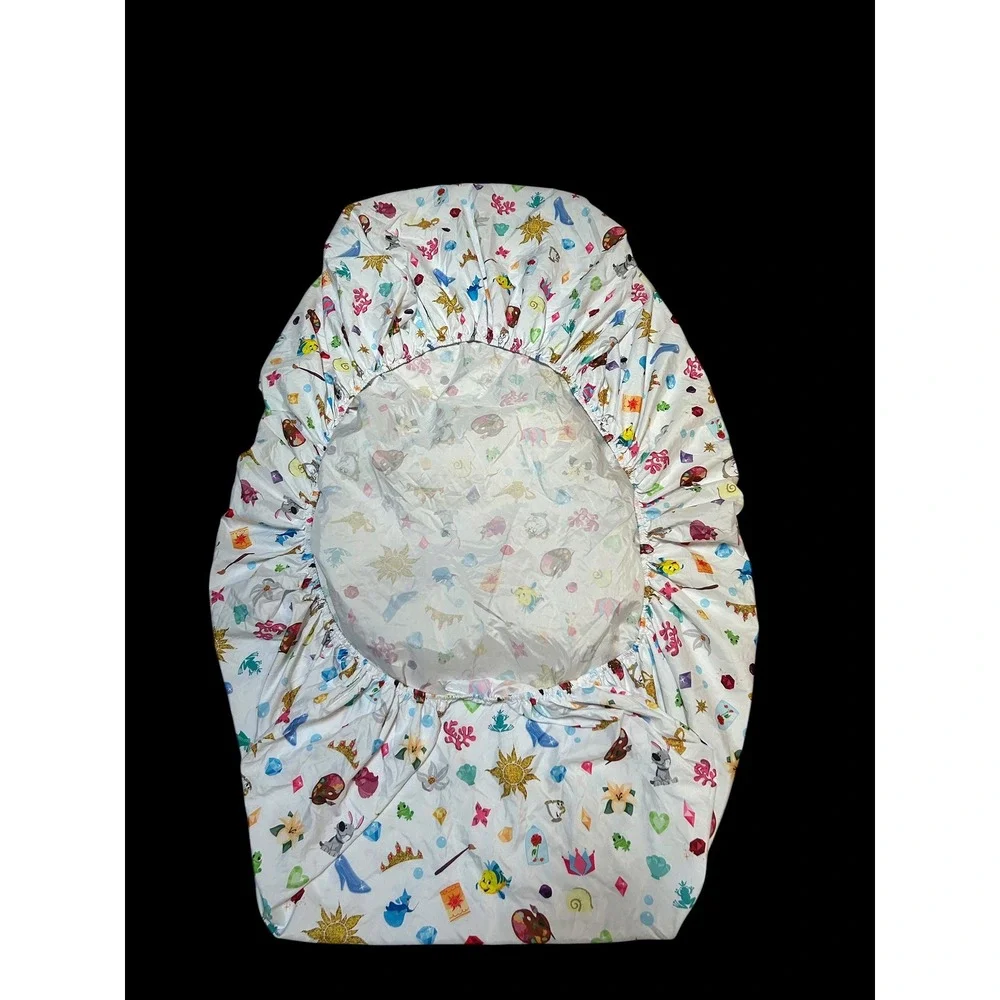 Disney Princess Twin Fitted Sheet White Character Icons Glass Slipper Rose Lamp